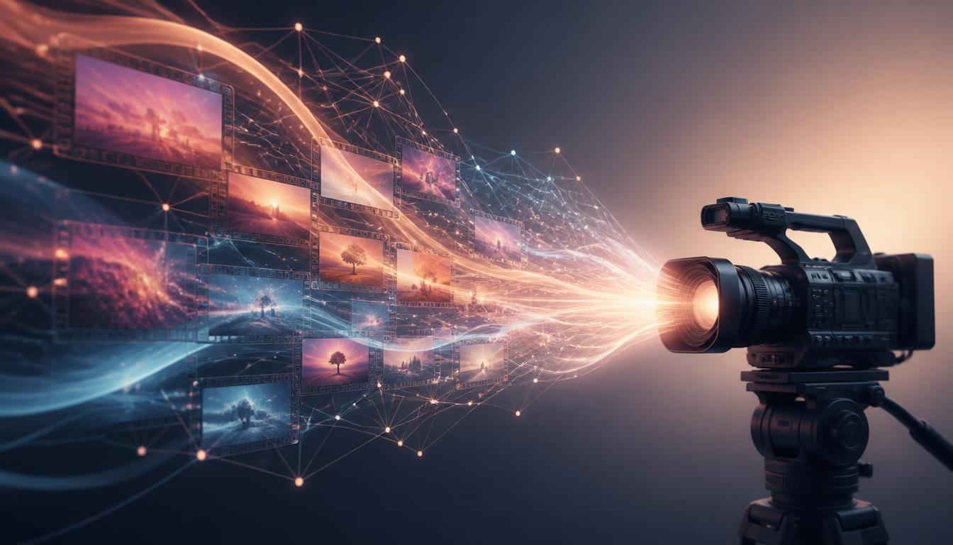 AI video creation workflow with camera and neural network visuals